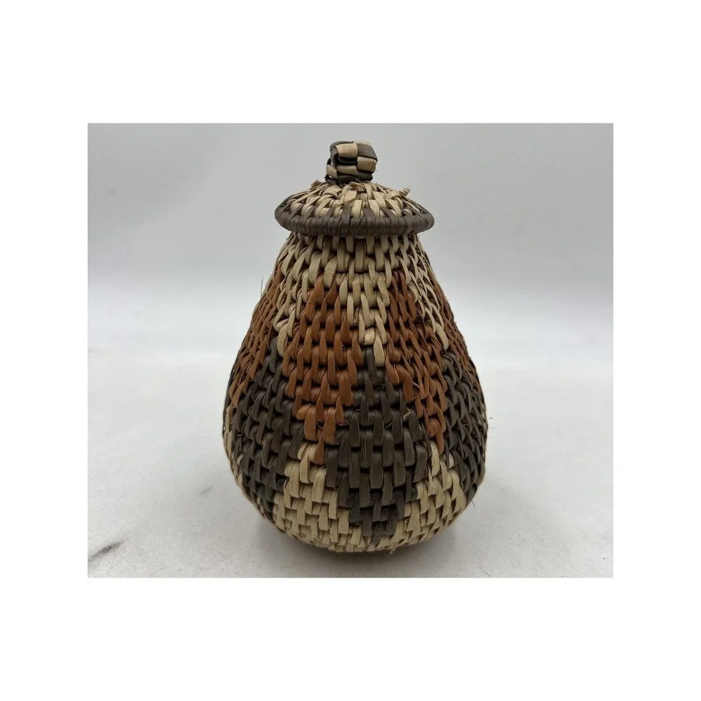 VTG Hand Woven Miniature Basket Lidded Earth Tone Geometric Pattern Trinket Pot